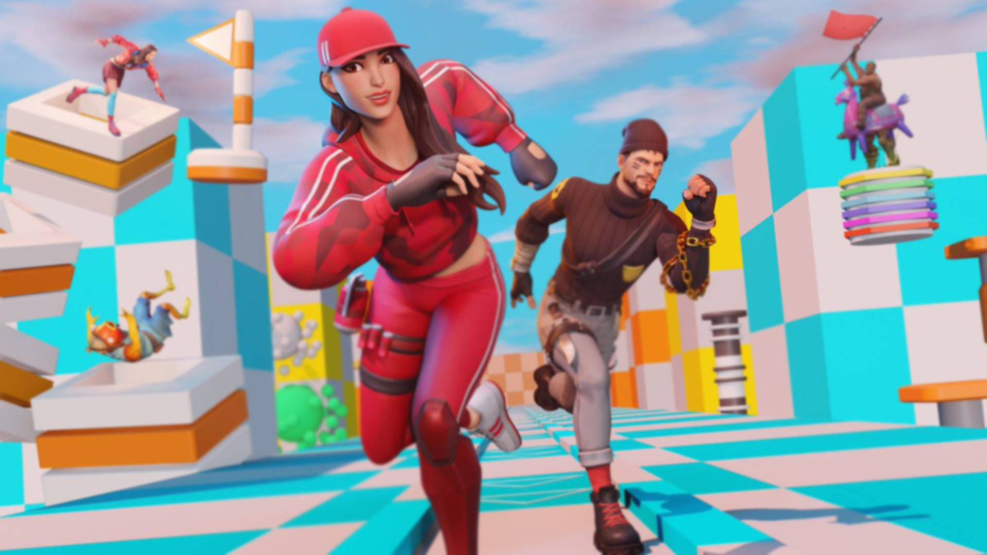 Guild 與 Ruby《Fortnite》戰鬥 royale 壁紙 — 兩個動畫角色在明亮的藍天下，穿越充滿活力的幾何障礙賽道。