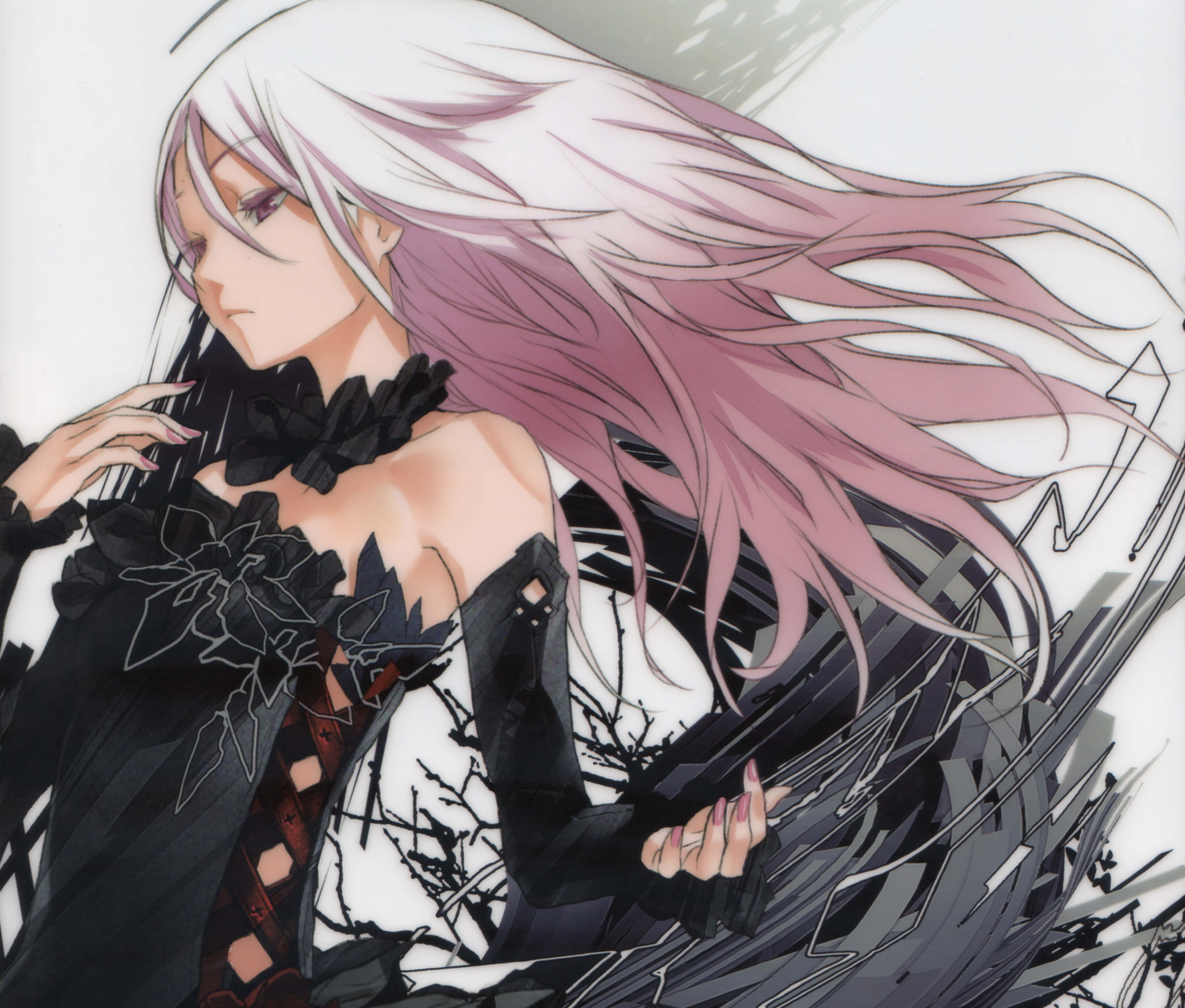 《Guilty Crown》星夜下的雙人剪影 壁紙 — 一個蒼白的動漫女孩，飄逸的粉紅色和白色頭髮，穿著黑色蕾絲服裝，背景是旋轉的黑暗。