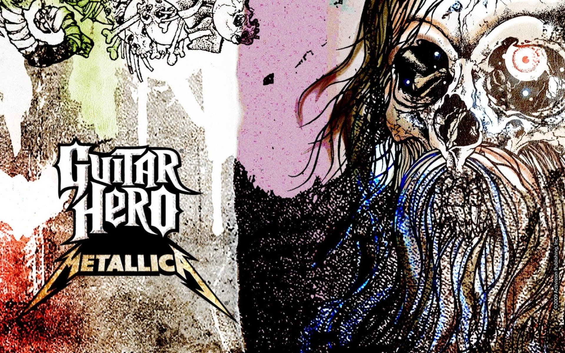 Guitar Hero Metallica 遊戲標誌，帶有風格化的頭骨和塗鴉背景。