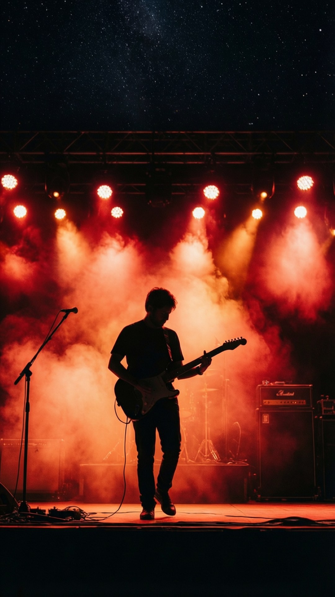 Nova Rock Festival 桌布 壁紙 — 一位結他手的剪影在紅色舞台燈光和煙霧下，在繁星點點的夜空前表演。
