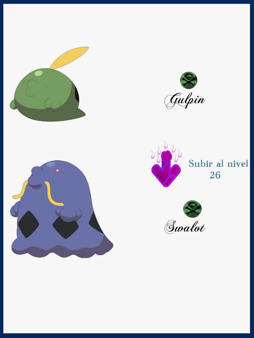 Gulpin 與 Swalot 附標籤 壁紙 — 兩隻卡通寶可夢 Gulpin 和 Swalot，帶有升級文字和圖標，背景為純色。