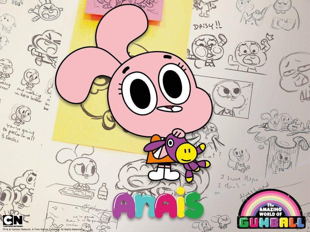 Gumball Anais 漫畫風 壁紙 — 一隻粉紅色卡通兔角色，大眼睛，手持紫色玩具恐龍，背景是手繪草圖和筆記。