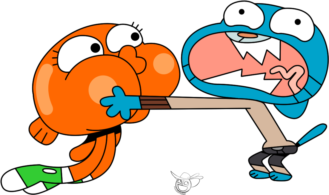 《Gumball and Darwin》搞笑表情 壁紙 — 一個橙色卡通角色在黑色背景上毆打一個表情震驚的藍色卡通角色。
