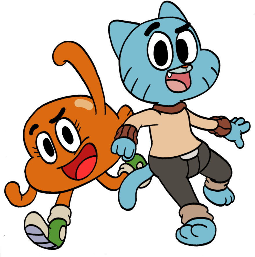 《Gumball and Darwin》友誼同行 壁紙 — 兩隻卡通貓——一隻橙色和一隻藍色——睜大眼睛、張開嘴巴，在黑色背景上快樂地奔跑。