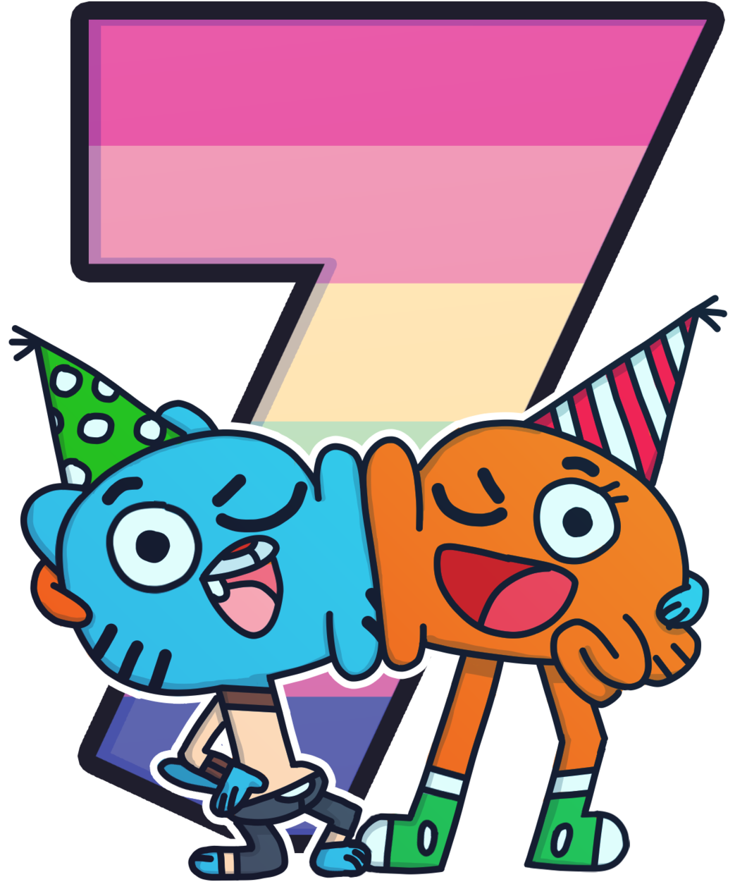 Gumball and Darwin 度假慶祝 壁紙 — 兩個卡通人物戴著派對帽，在一個大型彩虹色數字七前開心地擁抱。