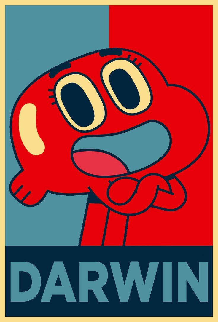 Gumball Darwin復古海報 壁紙 — 一張大膽的圖形海報，描繪紅色卡通角色達爾文，睜大眼睛，表情驚訝，背景分為紅色和藍色。