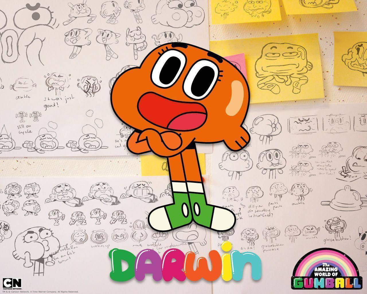 Gumball Darwin 漫畫風 壁紙 — 《阿甘妙世界》中的達爾文愉快地站在創意牆上，周圍散落著角色草圖和便利貼。
