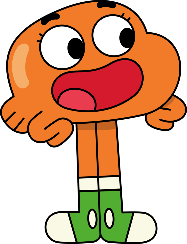 卡通頻道Gumball Watterson 壁紙 — 一個卡通角色，橙色身體，大眼睛，張開嘴巴，站在黑色背景前。