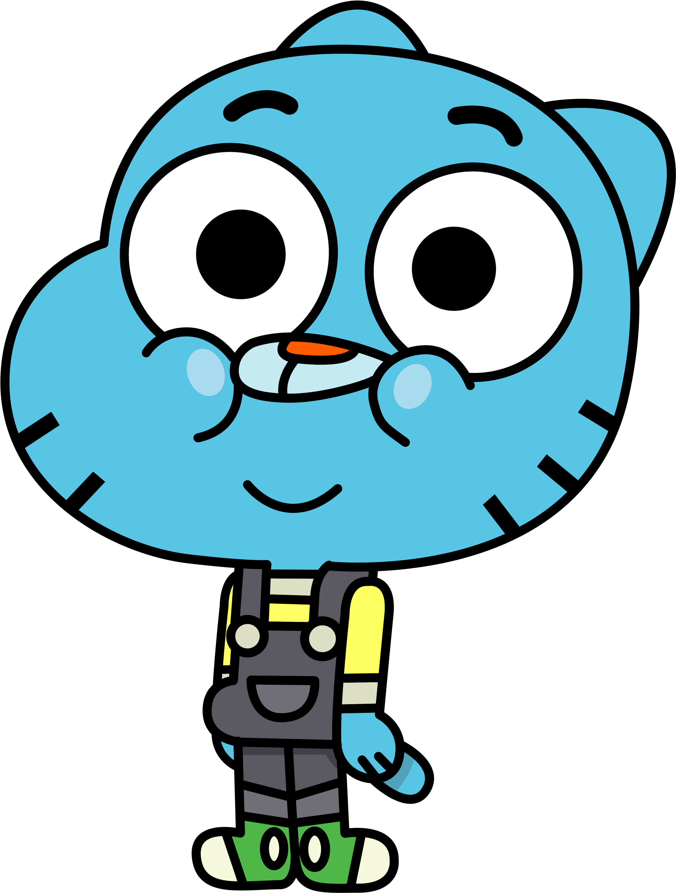 Gumball Watterson Cartoon Network 角色 壁紙 — 一隻快樂的藍色卡通貓，大眼睛微笑，穿著工裝褲，背景為黑色。