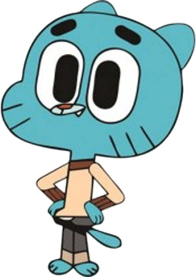 Gumball Watterson 站姿 壁紙 — 一隻藍色卡通貓，大眼睛，露齒笑，雙手叉腰自信地站著。