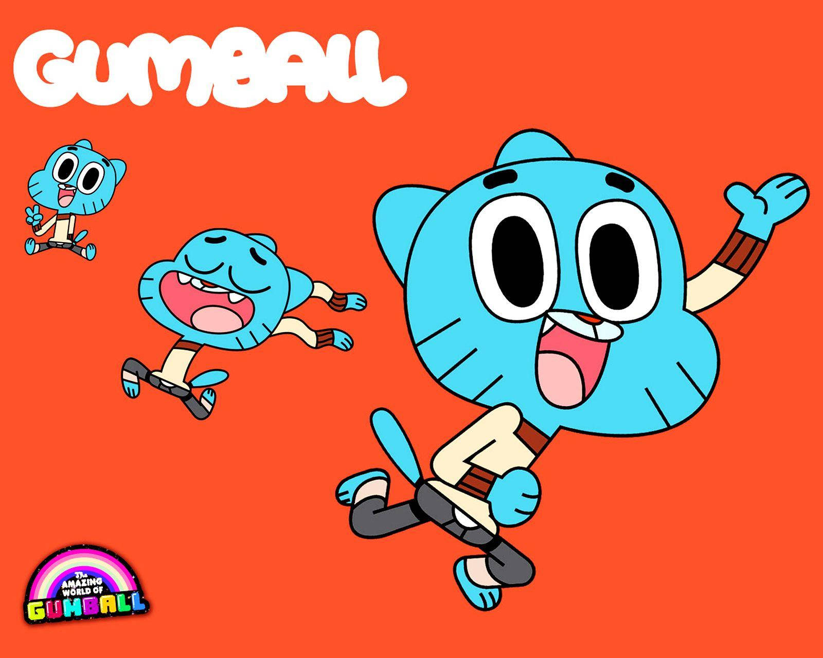 Gumball 三種姿勢 壁紙 — 三隻卡通藍貓以動態姿勢跳過充滿活力的橙色背景，上方有GUMBALL字樣。