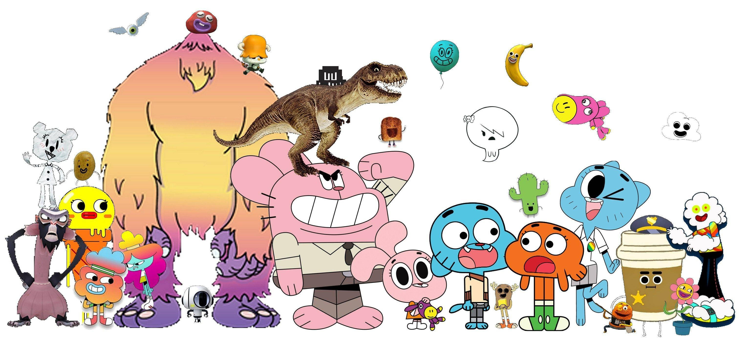Gumball 奇幻世界 壁紙 — 一幅充滿活力的卡通拼貼畫， featuring Gumball 和朋友們，以及一隻恐龍、一根香蕉和一隻巨大的毛茸茸生物，背景是漸變的日落。