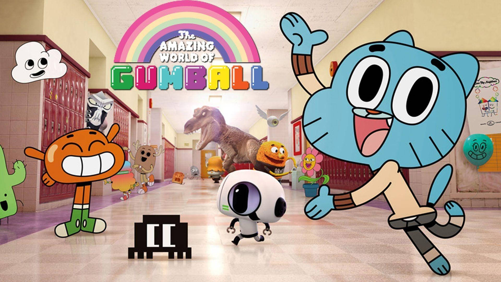 Gumball 學校走廊 壁紙 — 《阿甘妙世界》的卡通角色在彩虹標題牌下歡快地跑過學校走廊。