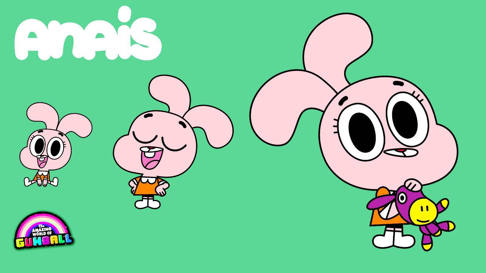Gumball 安妮絲·瓦特森 壁紙 — 一隻開心的粉紅色兔仔角色，有大眼睛，以三種尺寸出現，拿著紫色玩具，背景是純綠色。