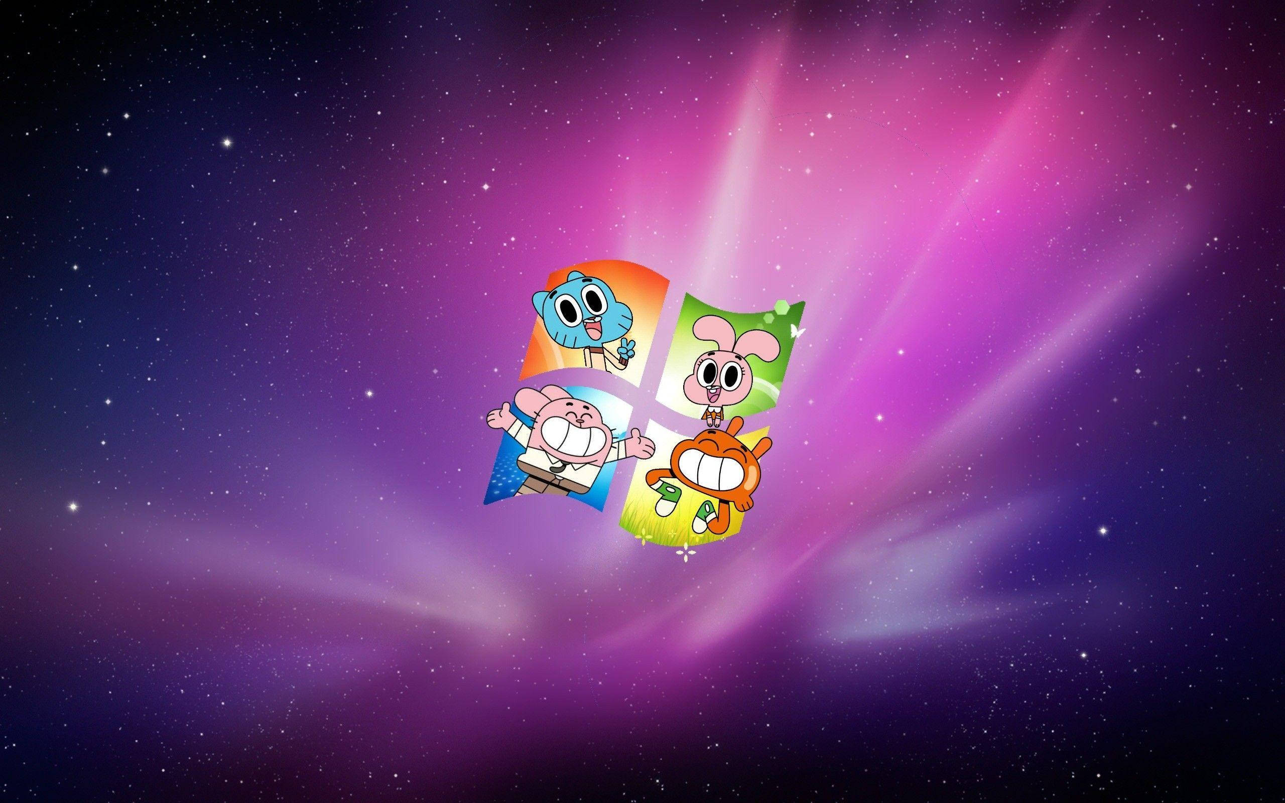 Gumball 微軟標誌 壁紙 — 四個卡通角色愉快地漂浮在發光的Windows標誌內，背景是充滿紫色和粉紅色光線的 vibrant 宇宙星場。