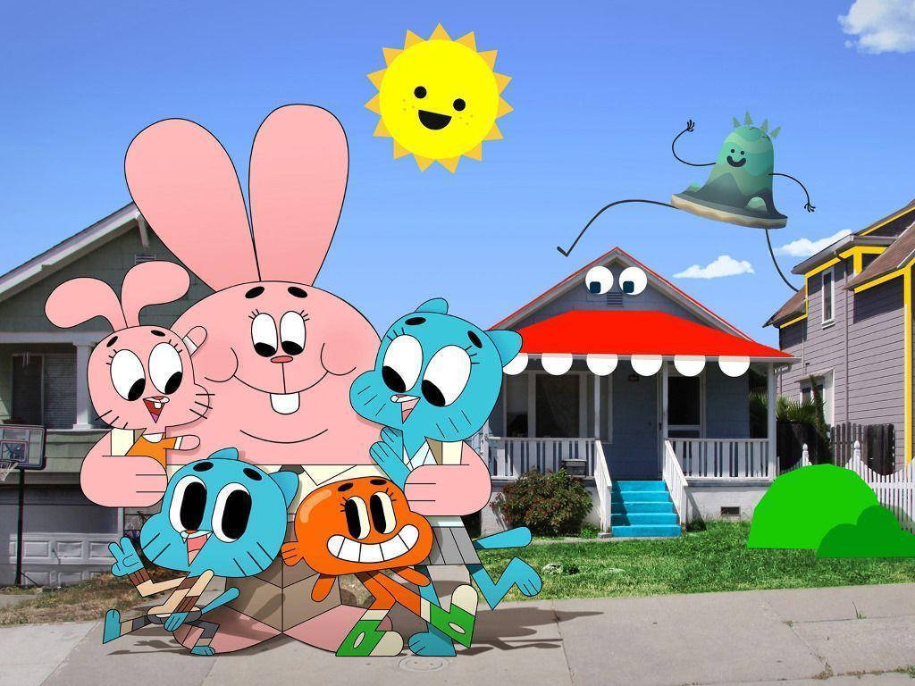 Gumball 快樂家庭 壁紙 — 來自《The Amazing World of Gumball》的卡通角色在微笑的太陽下，歡快地站在一棟郊區房屋前。