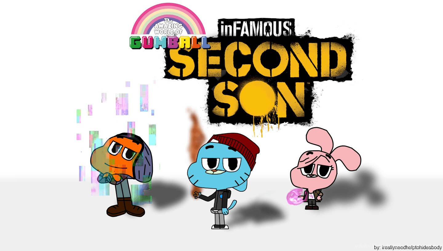 Gumball 第二子 壁紙 — 三個卡通角色站在一個塗鴉風格的 'inFAMOUS SECOND SON' 標誌下，帶有彩虹和故障效果。