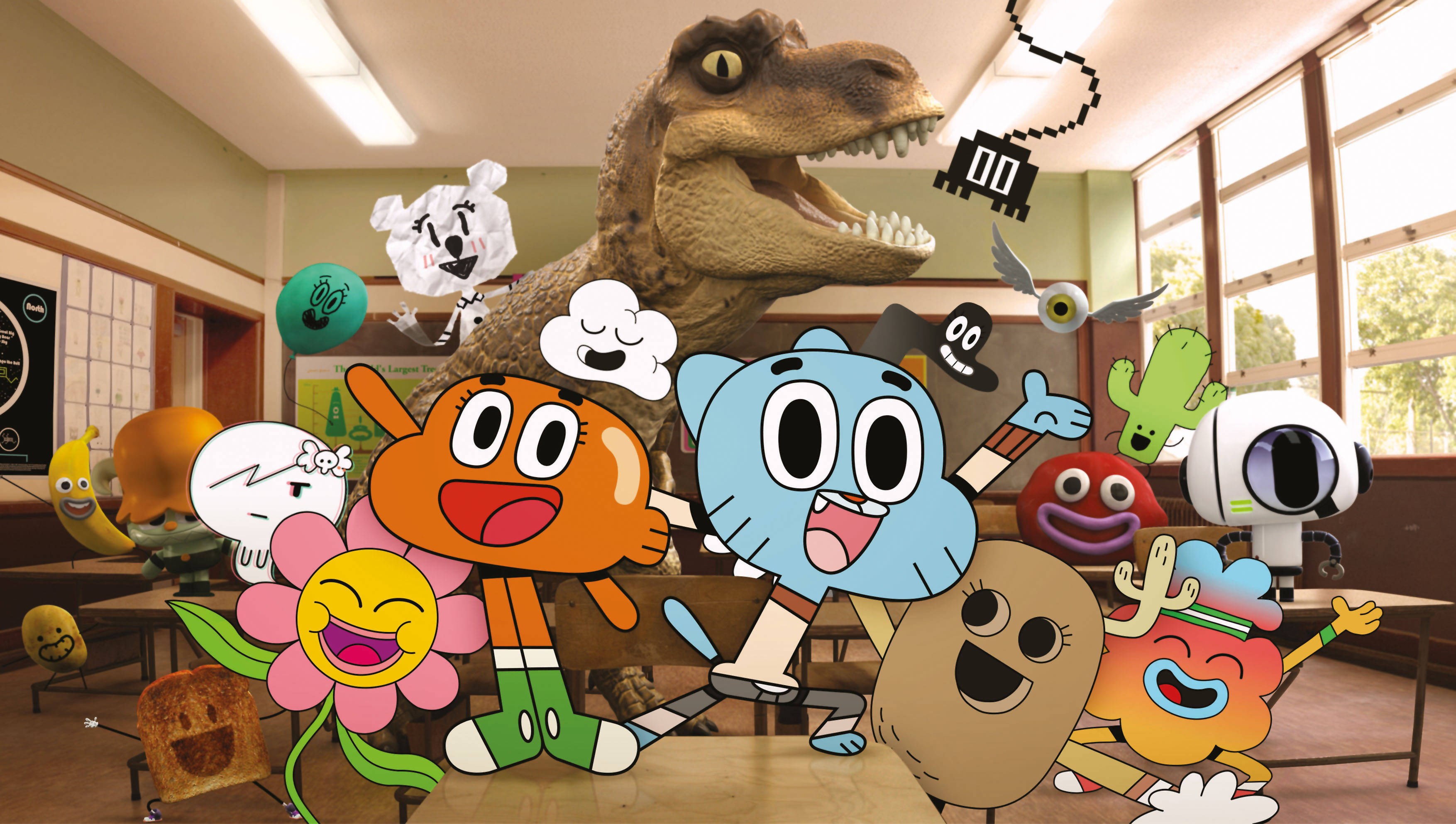 Gumball 與同學教室歡樂 壁紙 — 卡通角色和一隻恐龍在陽光明媚的教室裡掀起一場混亂派對，教室裡有書桌和窗戶。