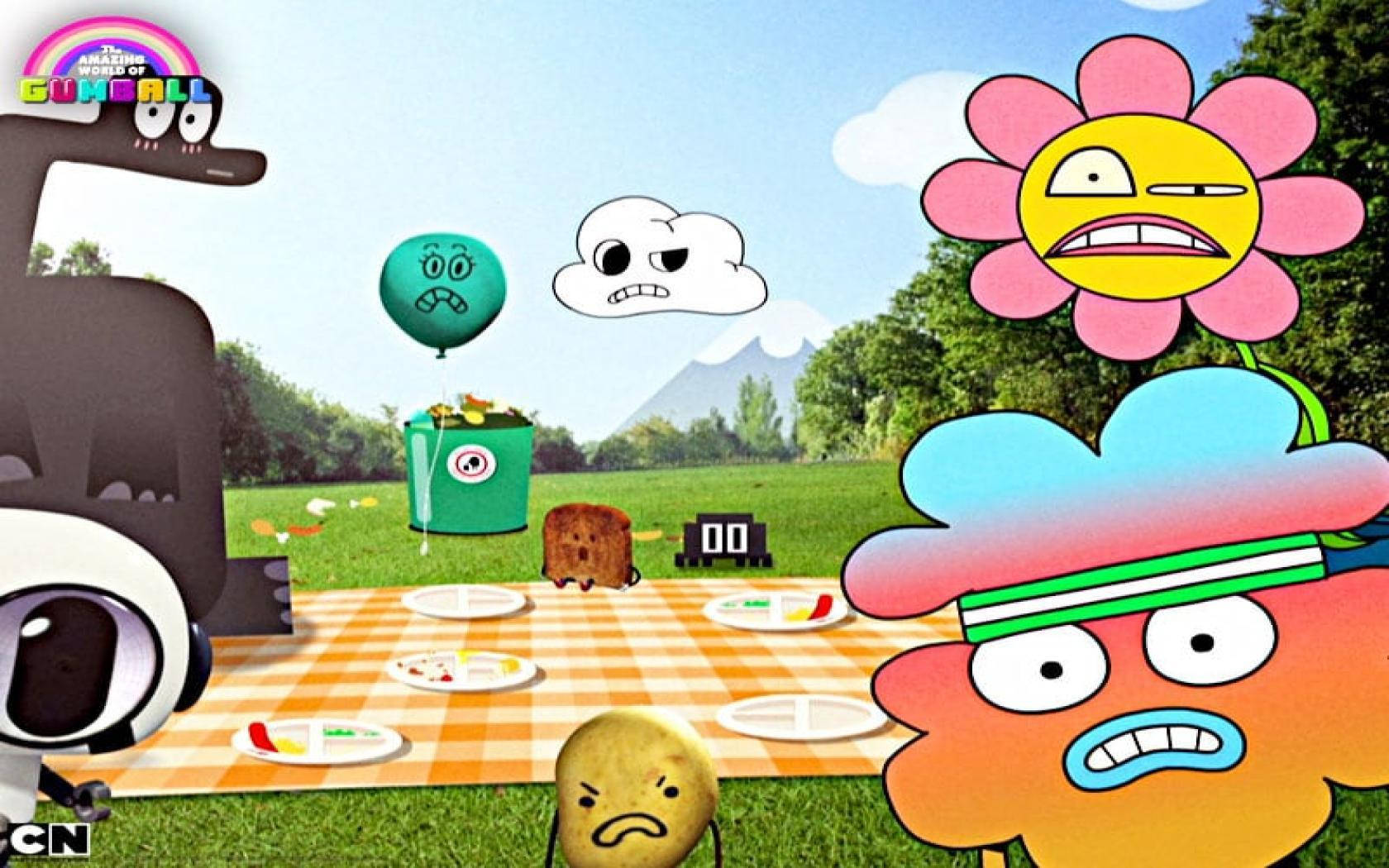 Gumball 野餐時刻 壁紙 — 卡通角色帶著憤怒的表情聚集在陽光明媚的草地上野餐，背景有山脈。