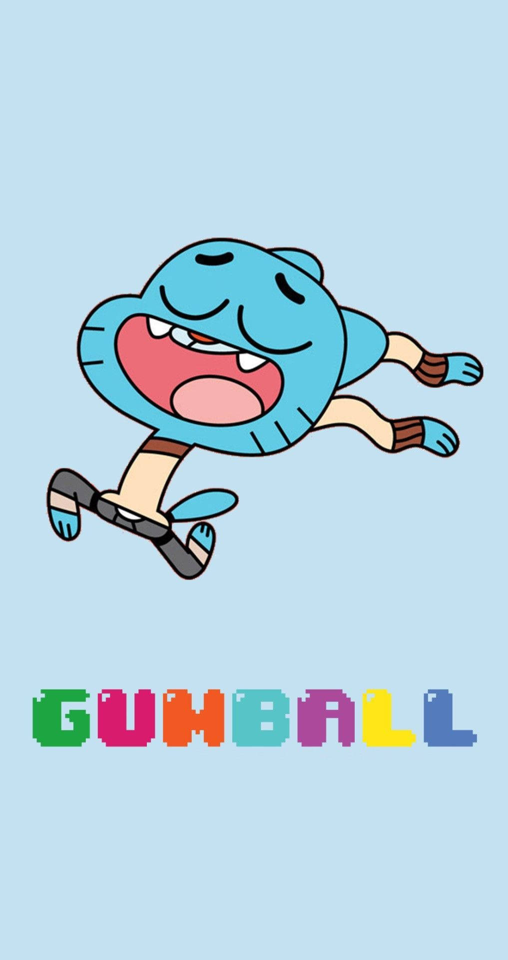 Gumball 開心跳躍 壁紙 — 一個藍色卡通角色，咧嘴大笑，閉著眼睛，在淺藍色背景上歡快地跳躍，下方有彩色像素文字。