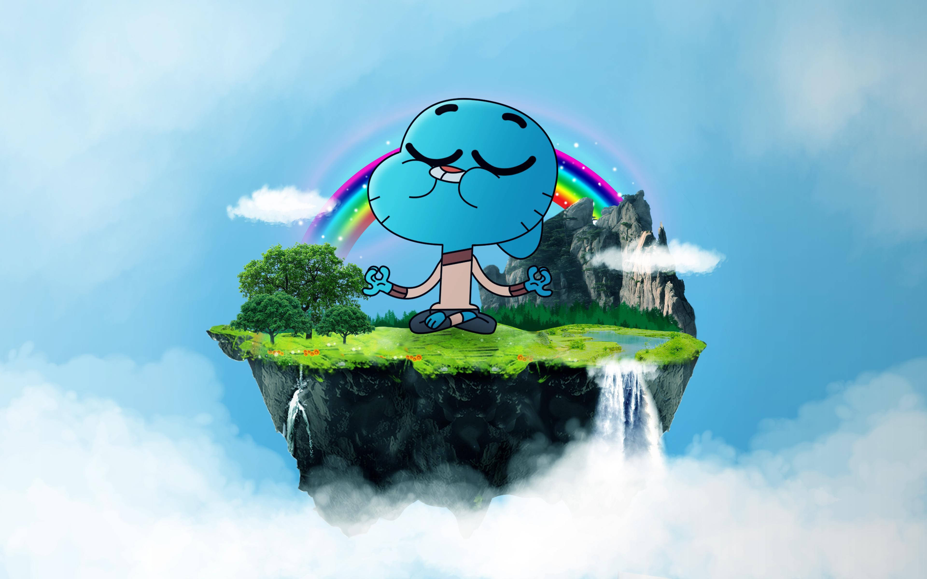 Gumball 靜坐島嶼 壁紙 — 一個藍色卡通角色在一個有瀑布、彩虹和雲朵的浮島上平靜地冥想。