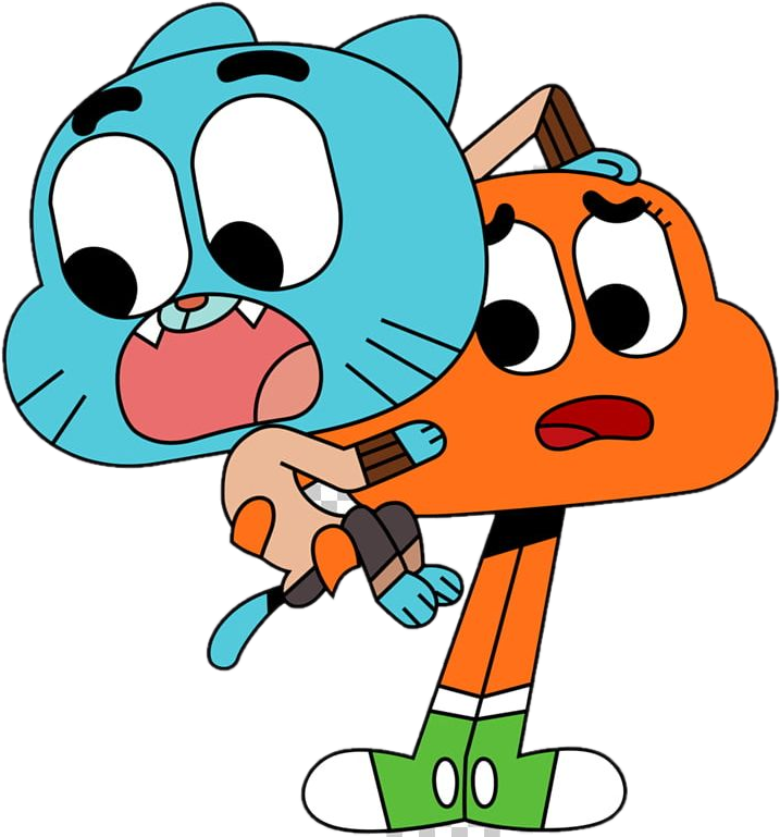 Gumball與Darwin動畫角色 壁紙 — 一隻藍色貓和一隻橙色貓的卡通角色在黑色背景上驚訝地擁抱。