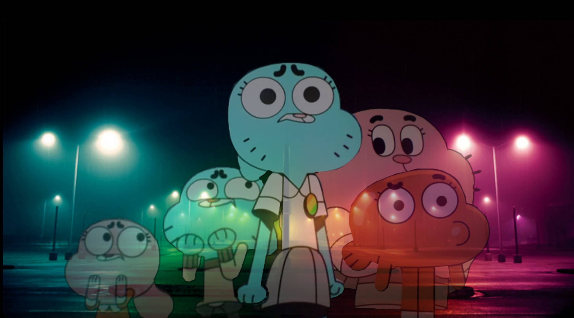 Gumball城市夜景 壁紙 — 四個卡通角色在夜晚霓虹燈照亮的停車場中，站在色彩繽紛的路燈下。