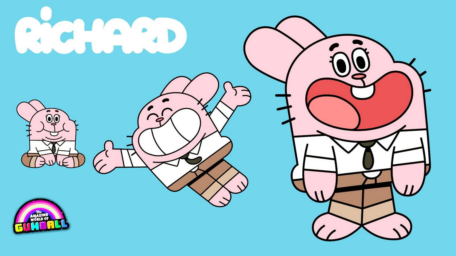 Gumball理查德·瓦特森 壁紙 — 三個穿著白襯衫和棕色褲子的快樂粉紅色兔子角色在純藍色背景上愉快地擺姿勢。