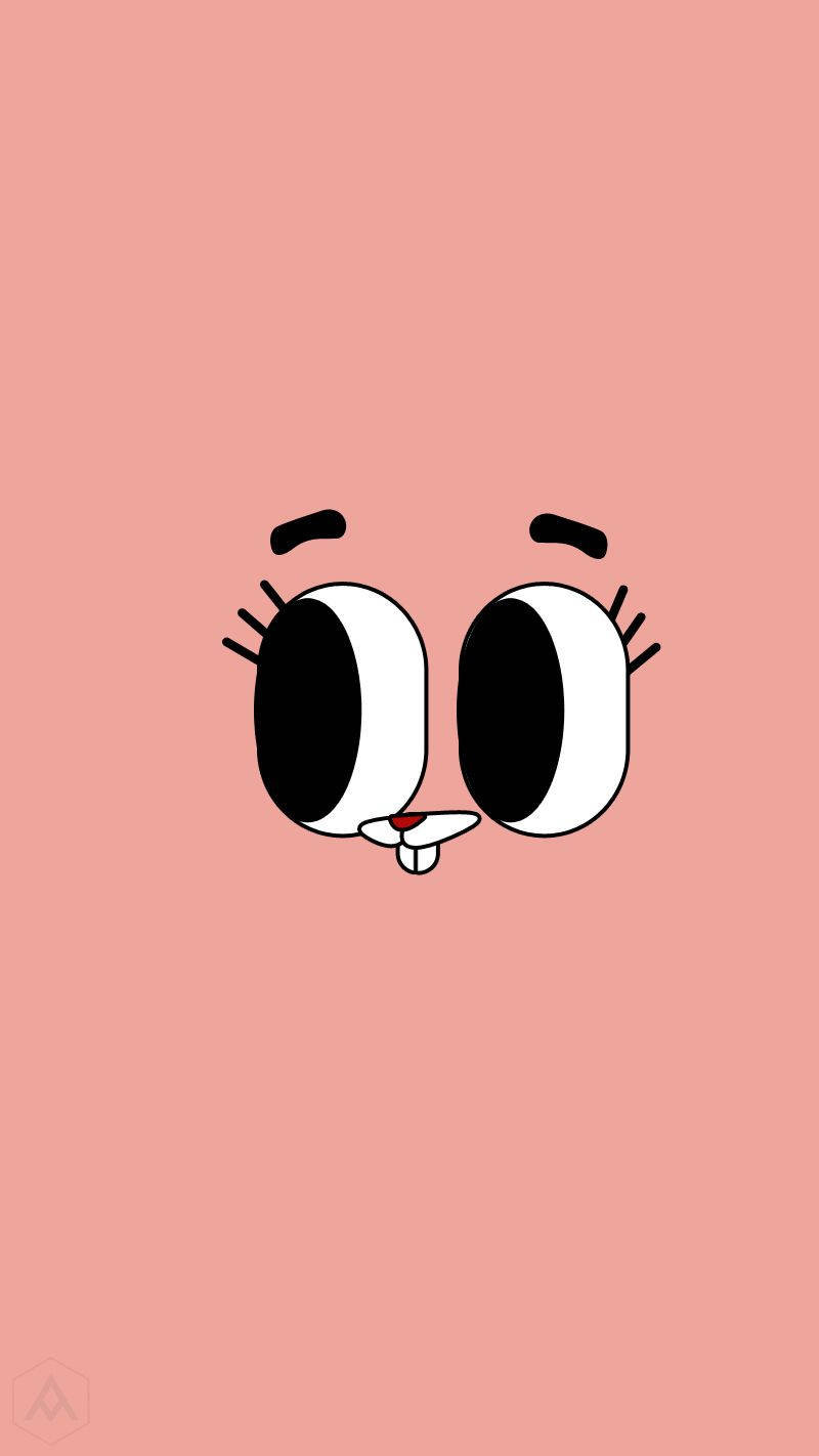 Gumball理查德臉 壁紙 — 一個極簡主義的卡通臉孔，有著大眼睛和表情豐富，以及一條小舌頭在純粉紅色背景上探出。