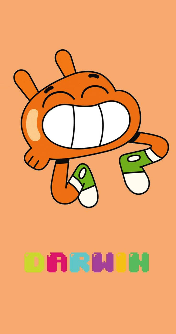 Gumball與Darwin歡樂跳躍 壁紙 — 一個橙色卡通角色，咧嘴大笑，穿著綠色和白色襪子，在純蜜桃色背景上歡快地跳躍。