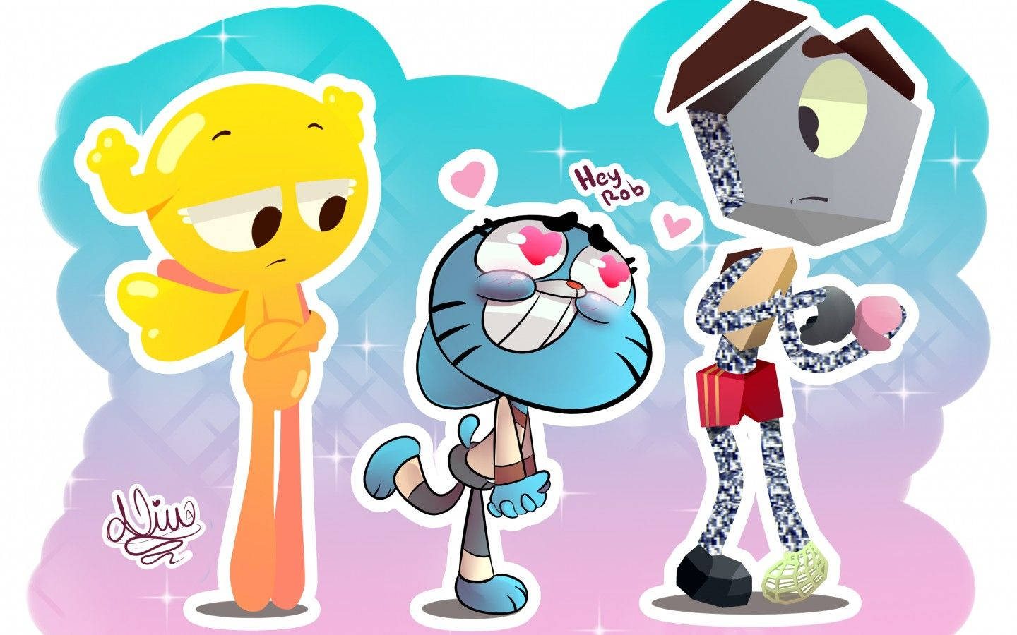 Gumball陷入愛河 壁紙 — 三個卡通角色，閃亮粉彩背景，一隻藍色貓咪有愛心眼睛，向灰色屋形角色說「嘿嚕」，黃色角色在旁觀看。