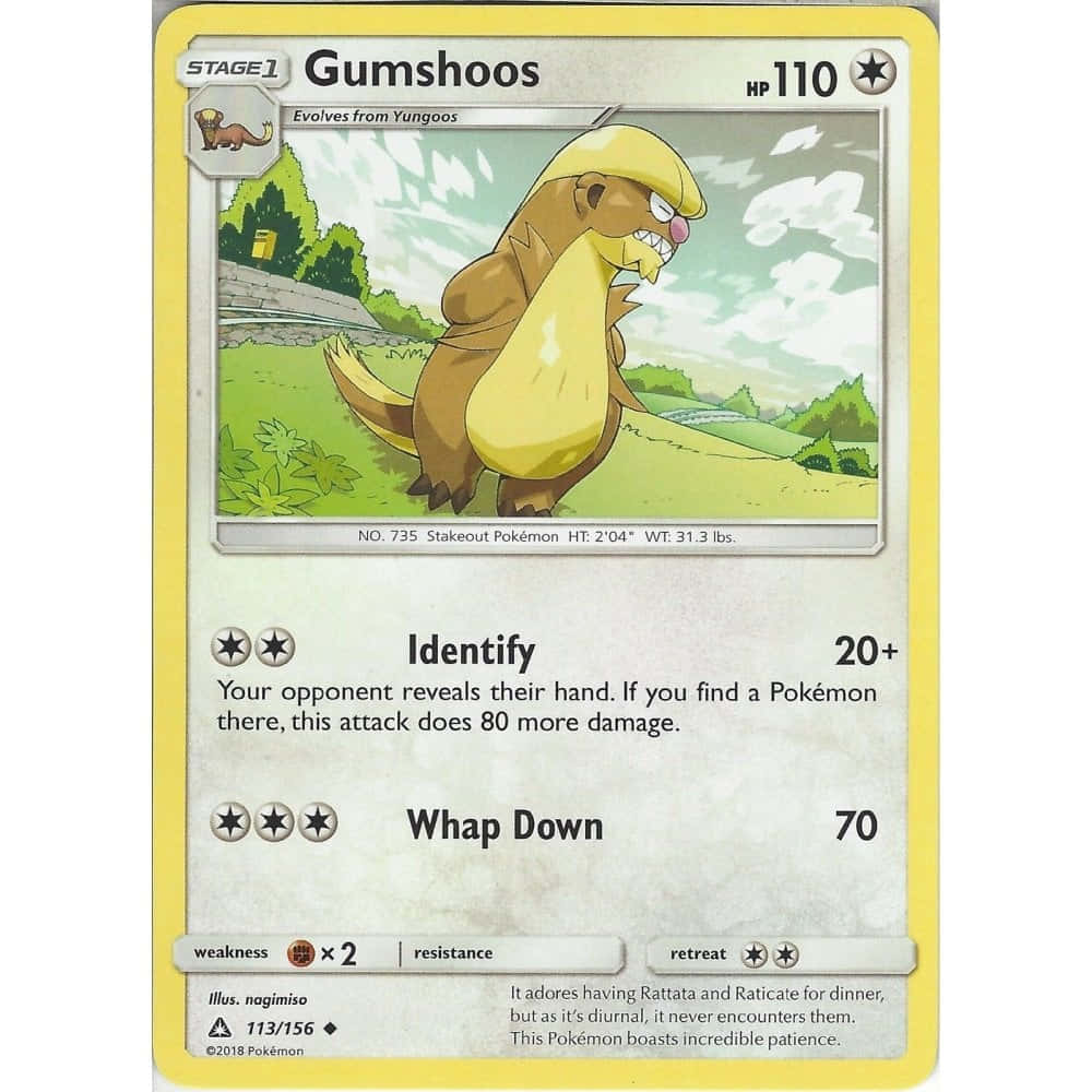 Gumshoos 拍打下卡牌 壁紙 — 一隻卡通風格黃色和棕色的Gumshoos寶可夢在陰天下憤怒地站在草地上。