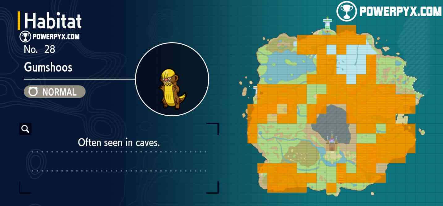 Gumshoos 栖息地 壁紙 — 像素藝術地圖顯示了Gumshoos棲息地帶，包含角色肖像和遊戲界面元素。