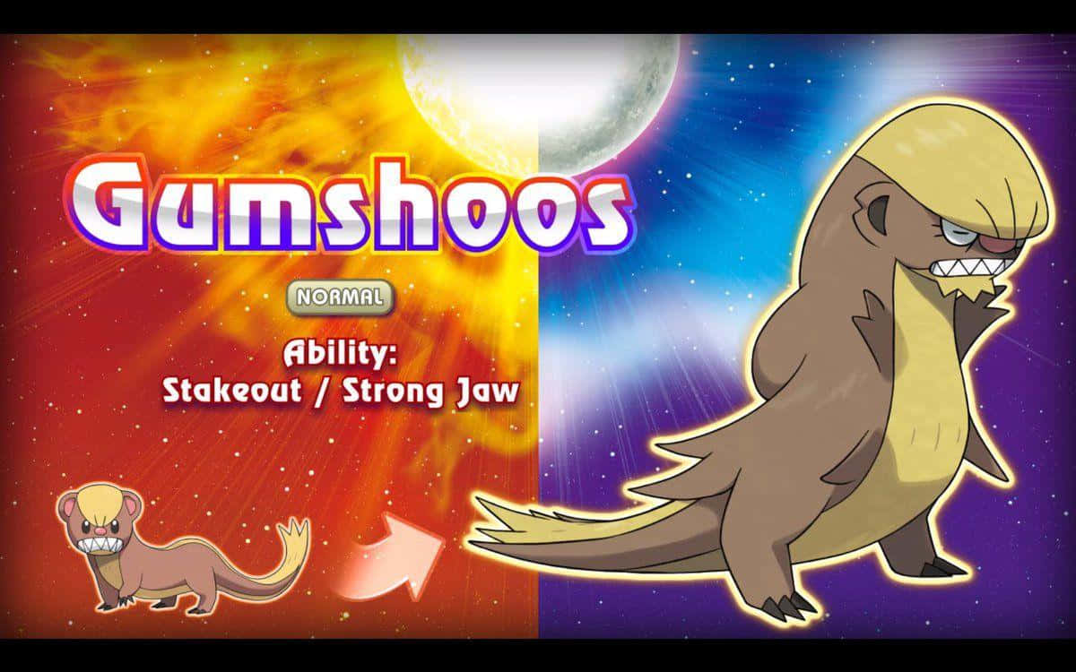 Gumshoos的「伏擊」能力 壁紙 — Gumshoos 從一隻類似雪貂的小型生物進化為較大的生物，背景是熾熱且星光燦爛的宇宙。