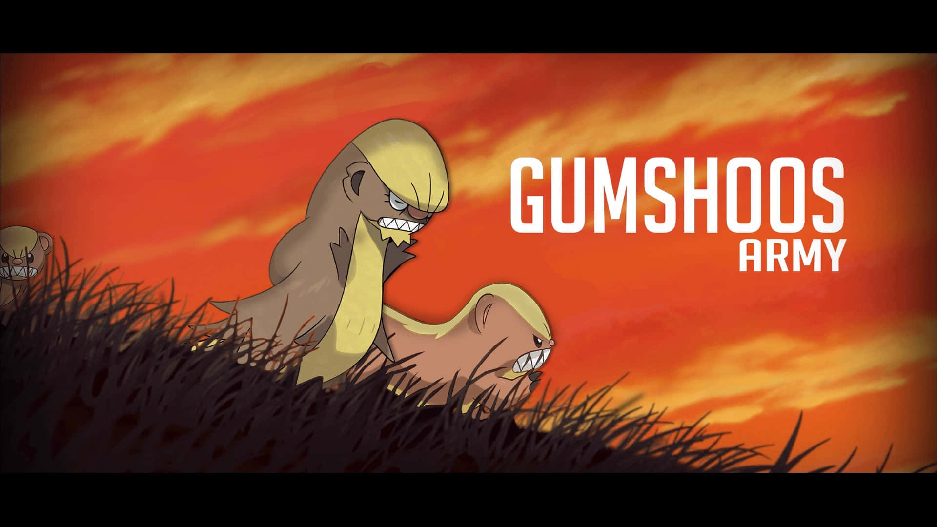 Gumshoos軍隊 壁紙 — 兩隻兇猛的貓鼬探長從高高的草叢中探出頭來，背景是熾熱的橙色日落天空，並有粗體白色文字寫著 gumshoos army。