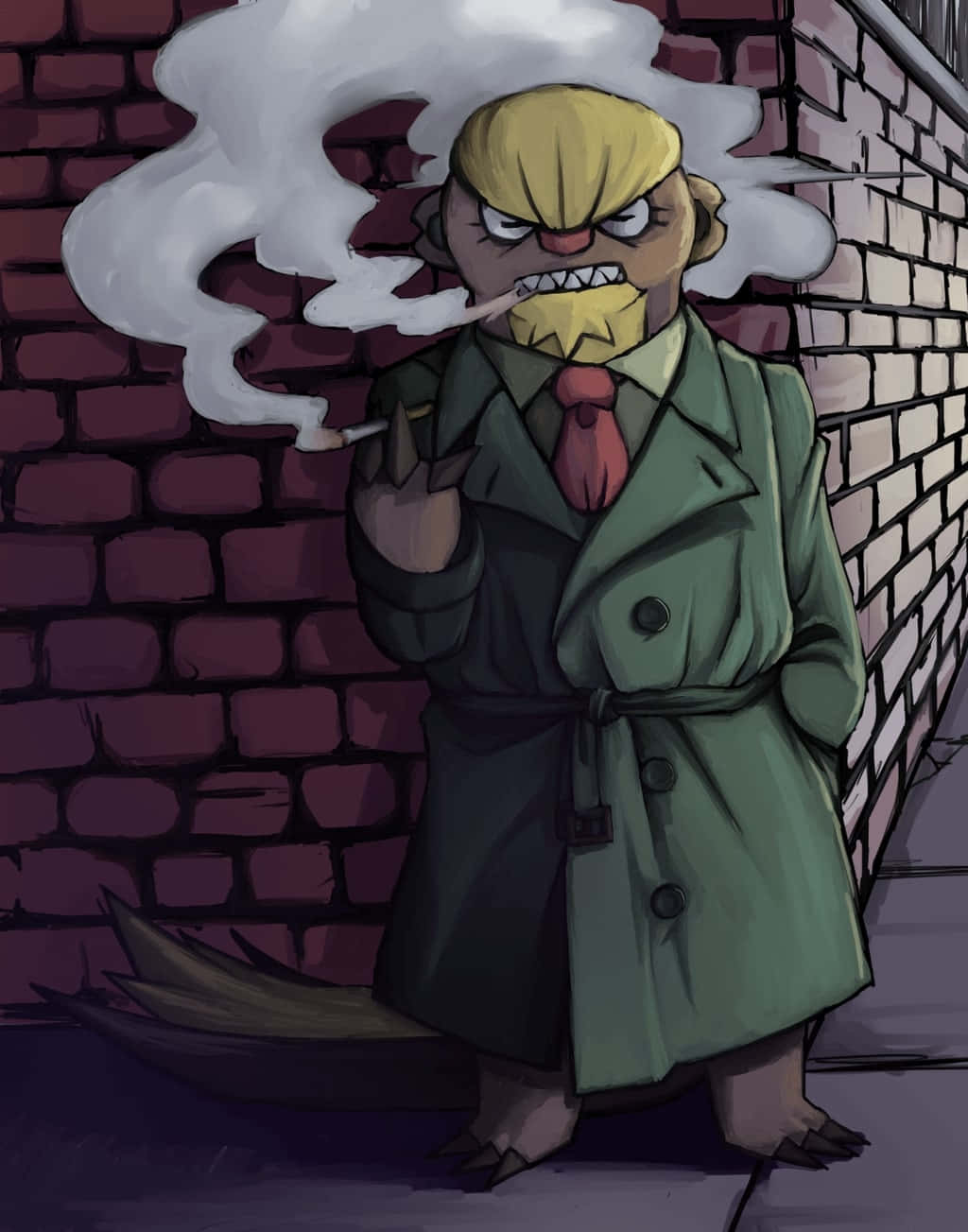 Gumshoos抽菸 壁紙 — 一隻穿著綠色風衣的憤怒擬人化狐狸靠著磚牆抽煙，煙霧在他頭頂盤旋。