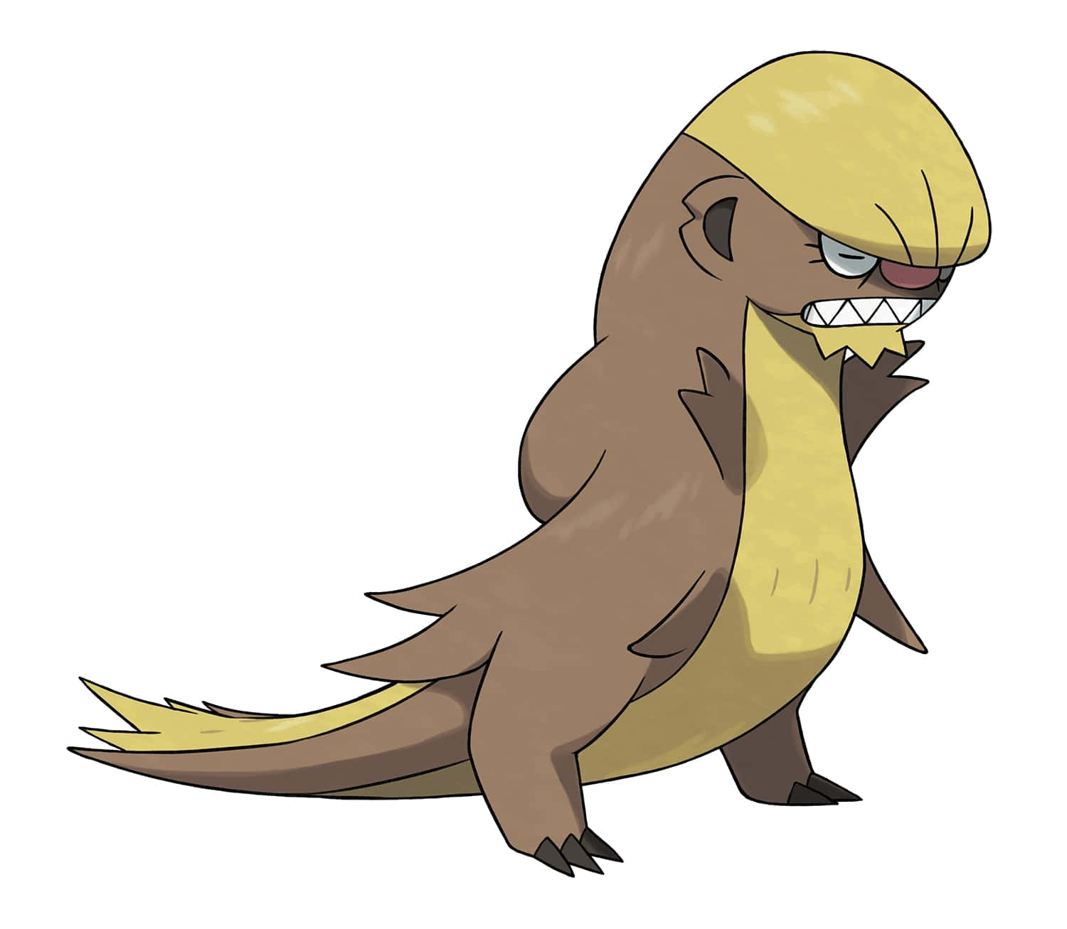 Gumshoos 站立圖 壁紙 — 一個卡通風格、啡色和黃色、類似水獺的生物，表情暴躁，牙齒鋒利，站在純白色背景前。