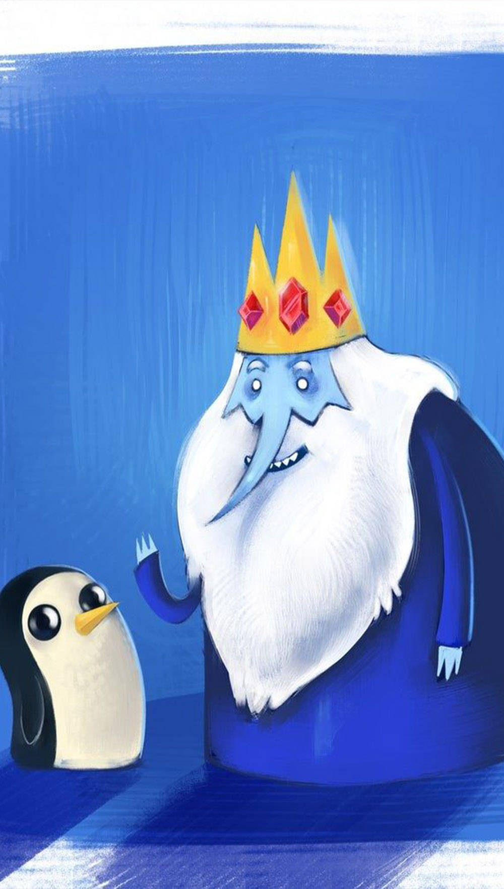Gunter Adventure Time 數位繪畫 壁紙 — 一位威嚴的冰王，戴著黃色皇冠，留著白色鬍鬚，站在一隻小企鵝旁邊，背景是深藍色。