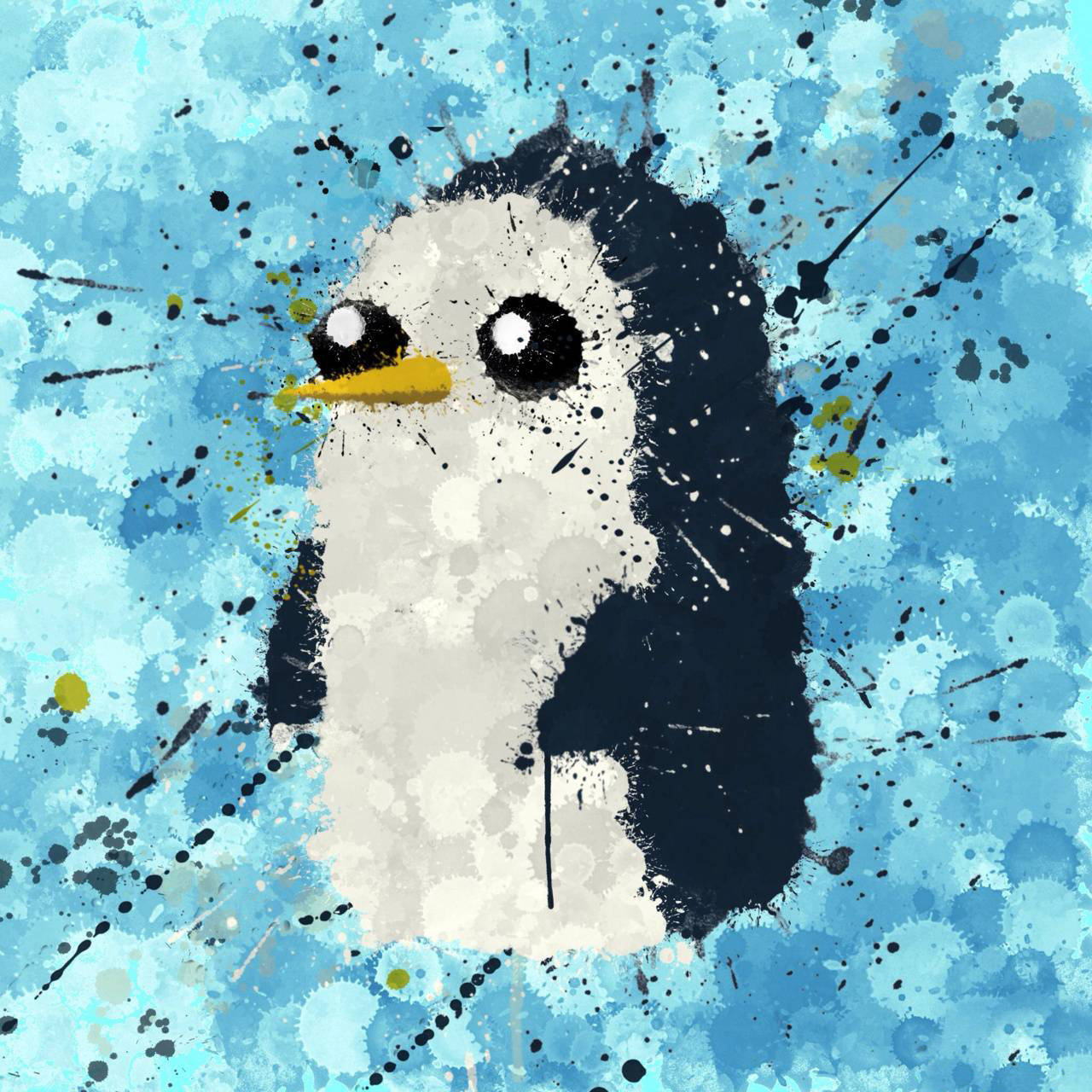 Gunter Adventure Time 油畫 壁紙 — 一隻可愛的企鵝，在帶有紋理的藍色背景上以大膽的潑濺和斑點繪製。