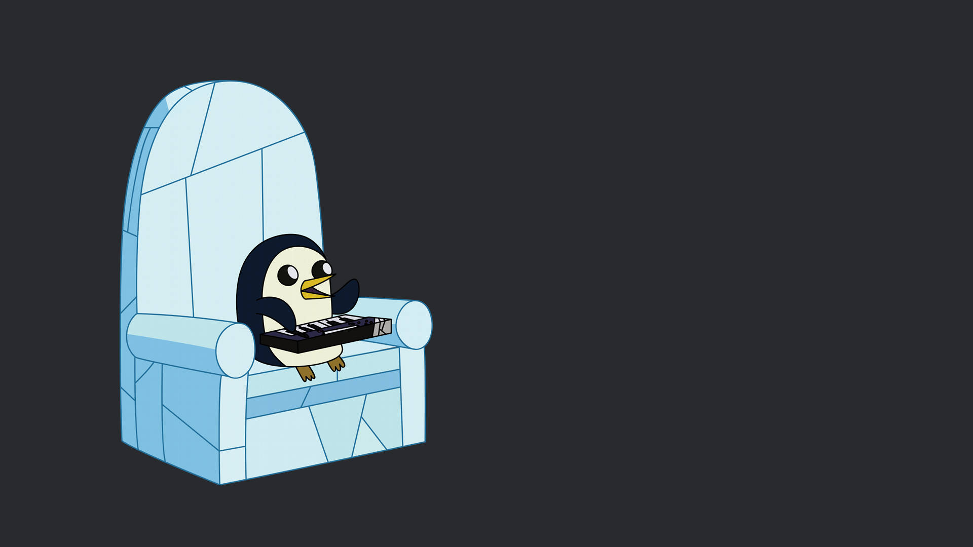 Gunter Adventure Time 鋼琴 壁紙 — 一隻卡通企鵝威風凜凜地坐在冰製王座上，手持鍵盤，背景為深色。