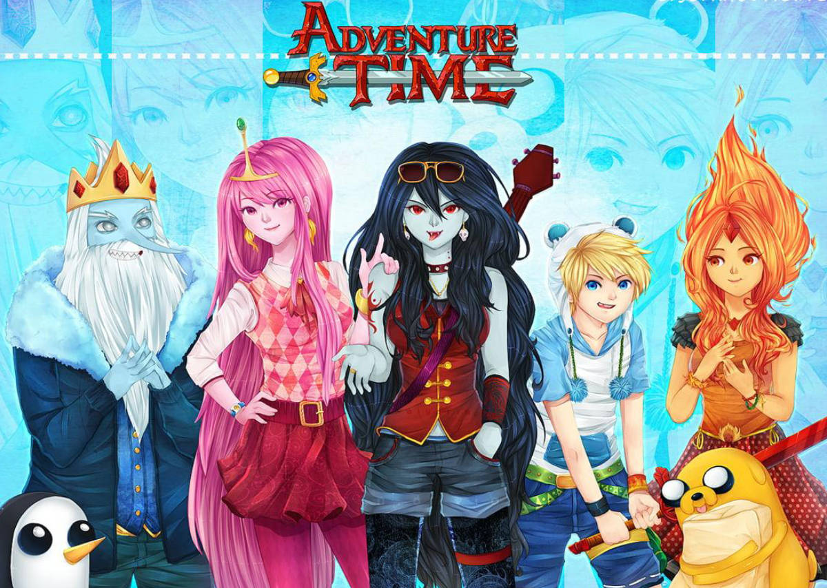Gunter 與 Adventure Time 角色 壁紙 — 探險活寶角色們在藍色背景前一起擺姿勢，背景有節目名稱和劍標誌。