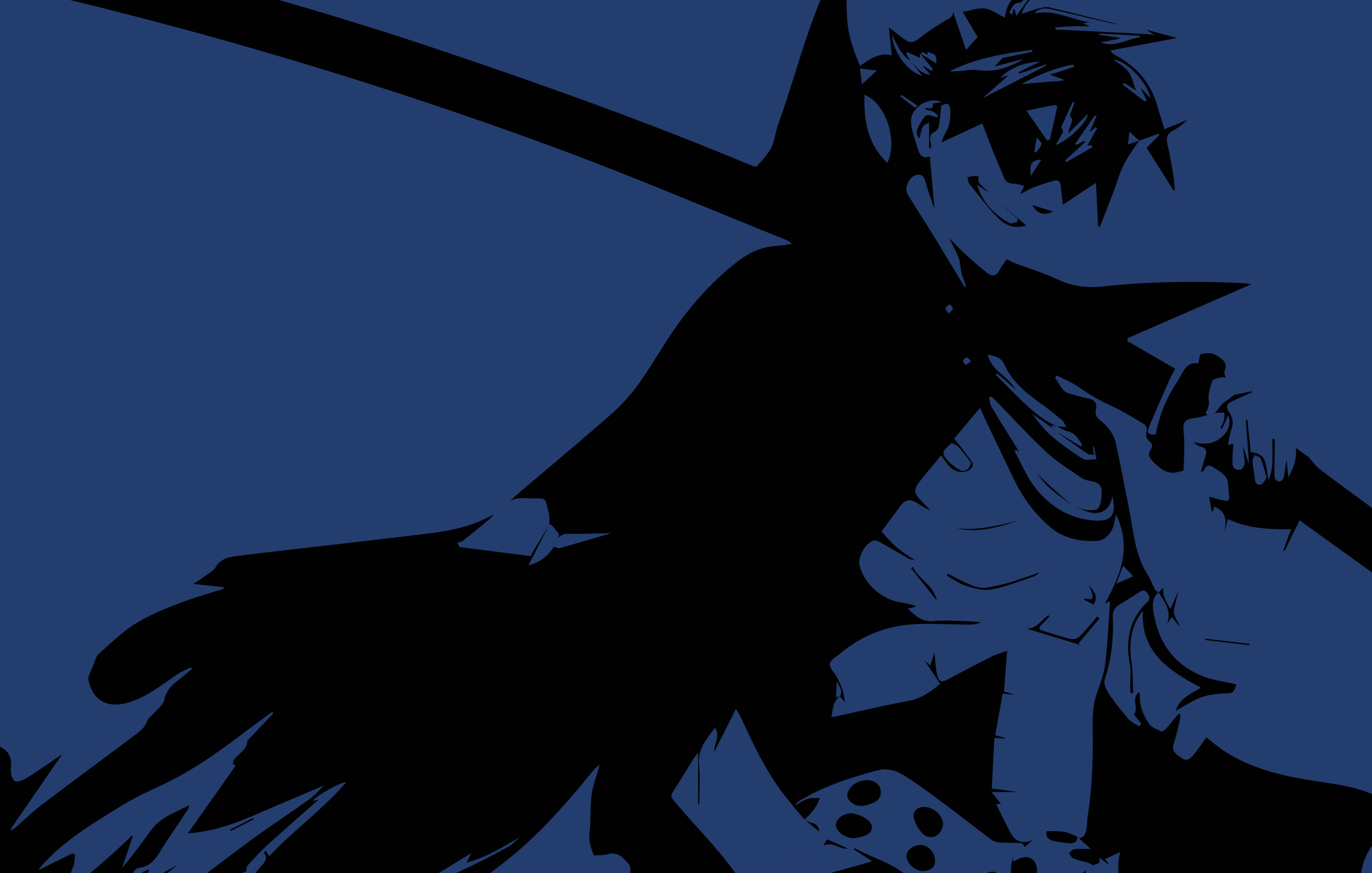在奇幻的跨維度景觀上翱翔的《Gurren Lagann》機甲 壁紙 — 一個風格化的動漫戰士剪影，在深藍色背景上揮舞著劍，帶有銳利的角線。