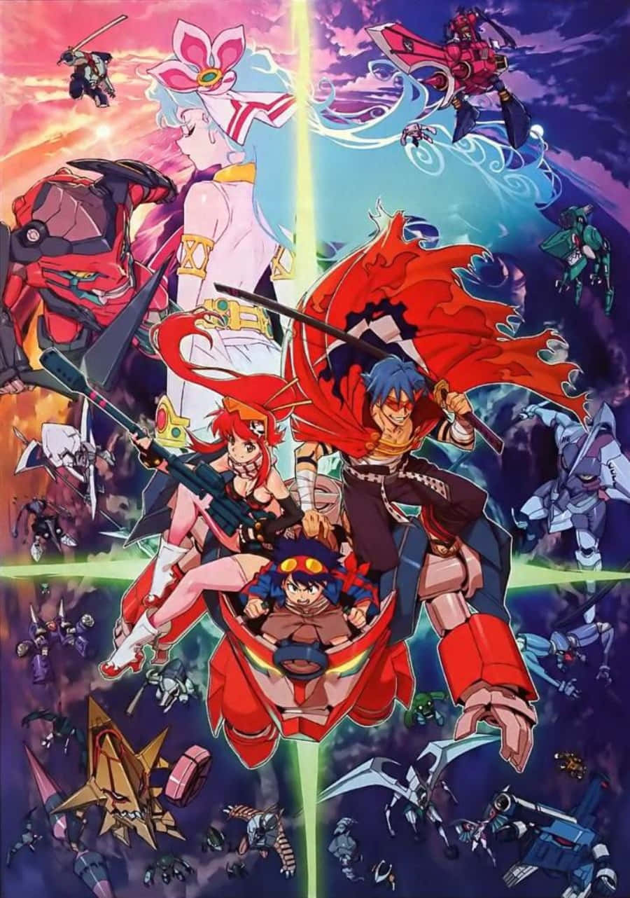 《Gurren Lagann》角色齊聚，共抗強敵。 壁紙 — 身穿紅色和藍色盔甲的充滿活力的動漫戰士在發光的宇宙戰場上與漂浮的機甲和能量光束碰撞。