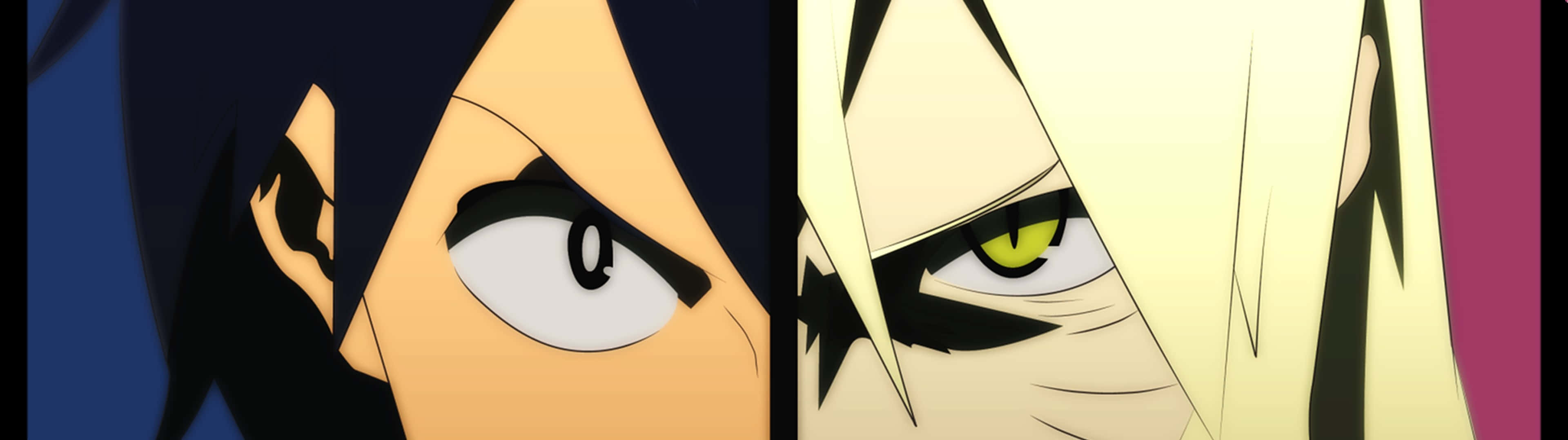 Gurren Lagann 系列 3840x1080 動漫 壁紙 — 兩個動漫角色以對比的眼睛顏色和銳利的面部表情互相凝視。