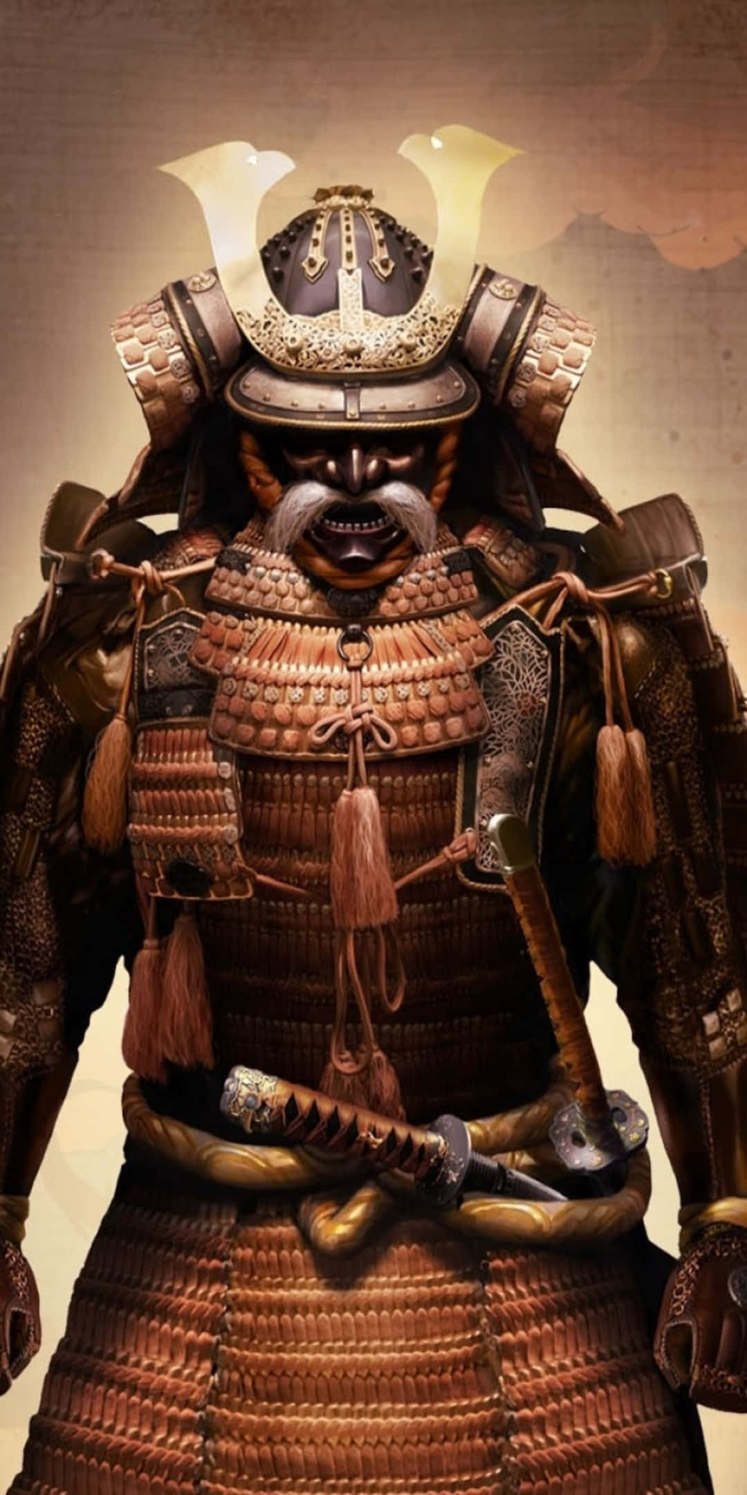 Gusoku 裝甲 Pixel 3 Total War Shogun 2 背景 壁紙 — 一位身穿華麗棕色和金色盔甲、戴著威嚇面具、手持武士刀的可怕武士戰士站立著。