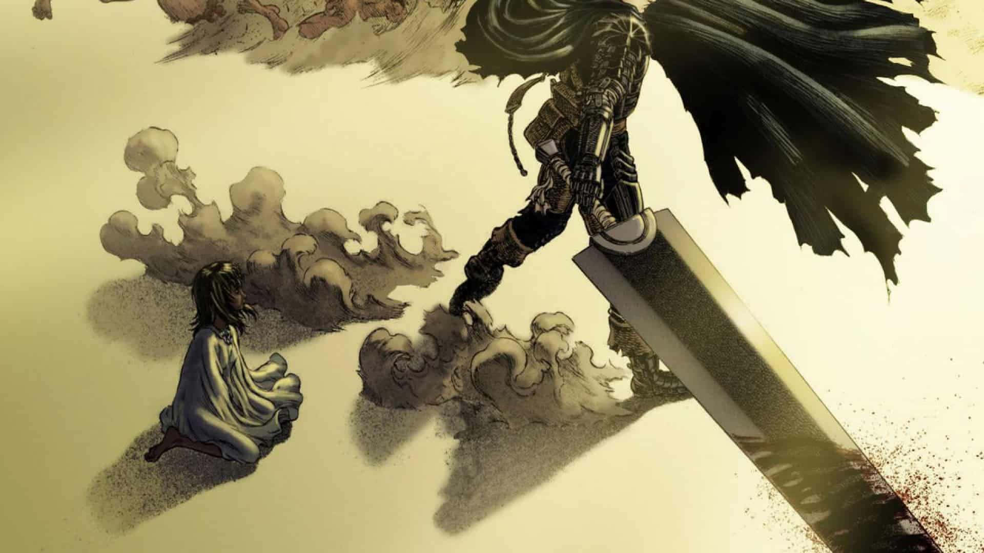 Guts 勇猛戰士 壁紙 — 一個身穿盔甲、手持巨劍的高大戰士，在旋轉的煙霧和灰塵中隱約出現在一個跪著的人物上方。
