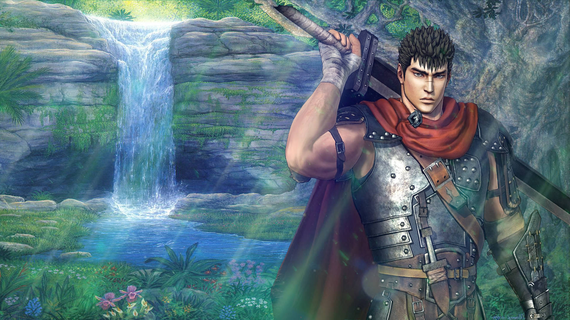 Guts 背後的瀑布 壁紙 — 一個肌肉發達的戰士身穿盔甲，站在一個生機勃勃的叢林環境中的茂密瀑布前。