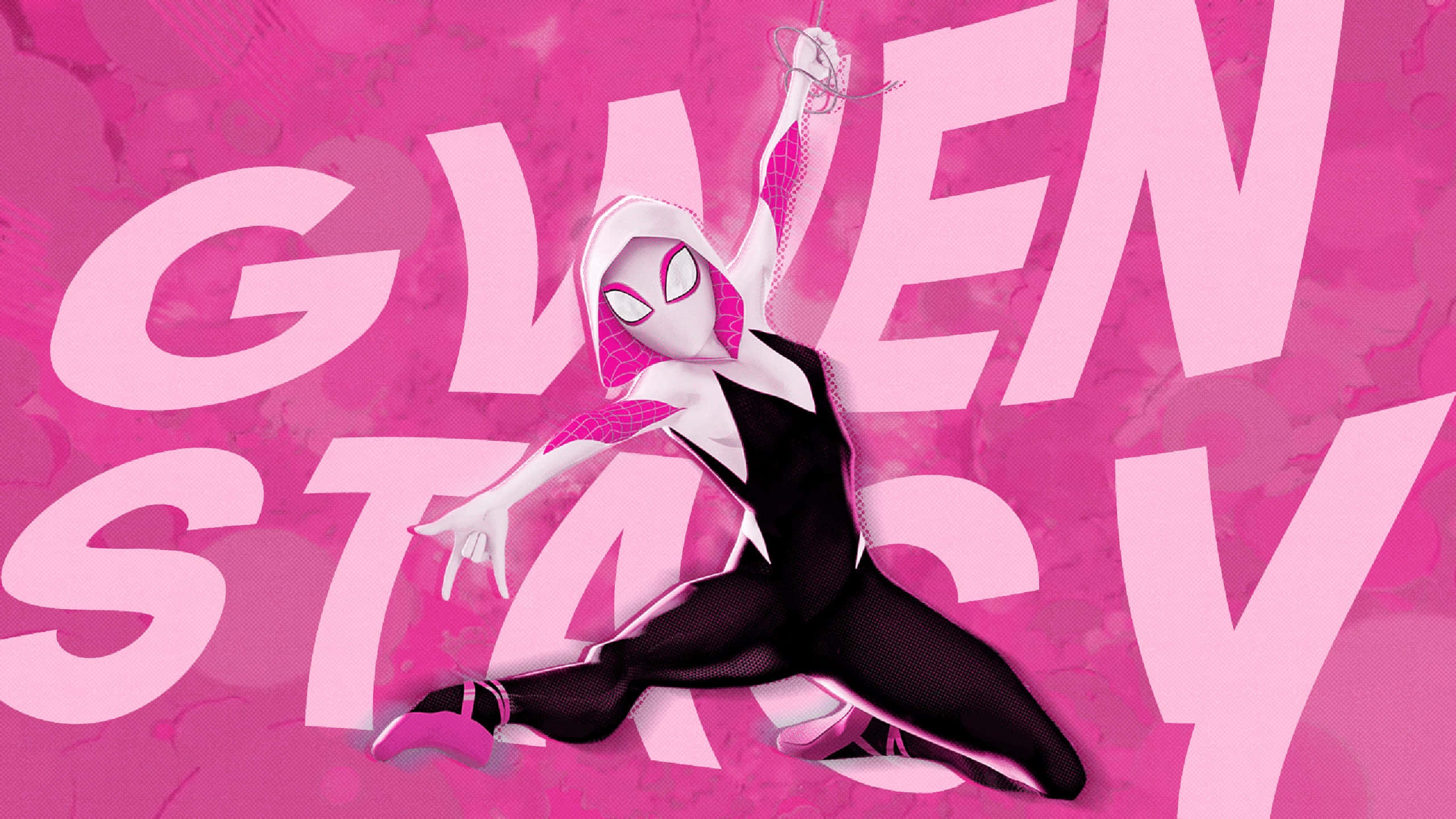 蜘蛛格溫 桌布 壁紙 — Gwen Stacy 身穿粉紅色和黑色的蜘蛛服，在充滿活力的粉紅色背景前擺出動態姿勢，她的名字以粗體字母呈現。