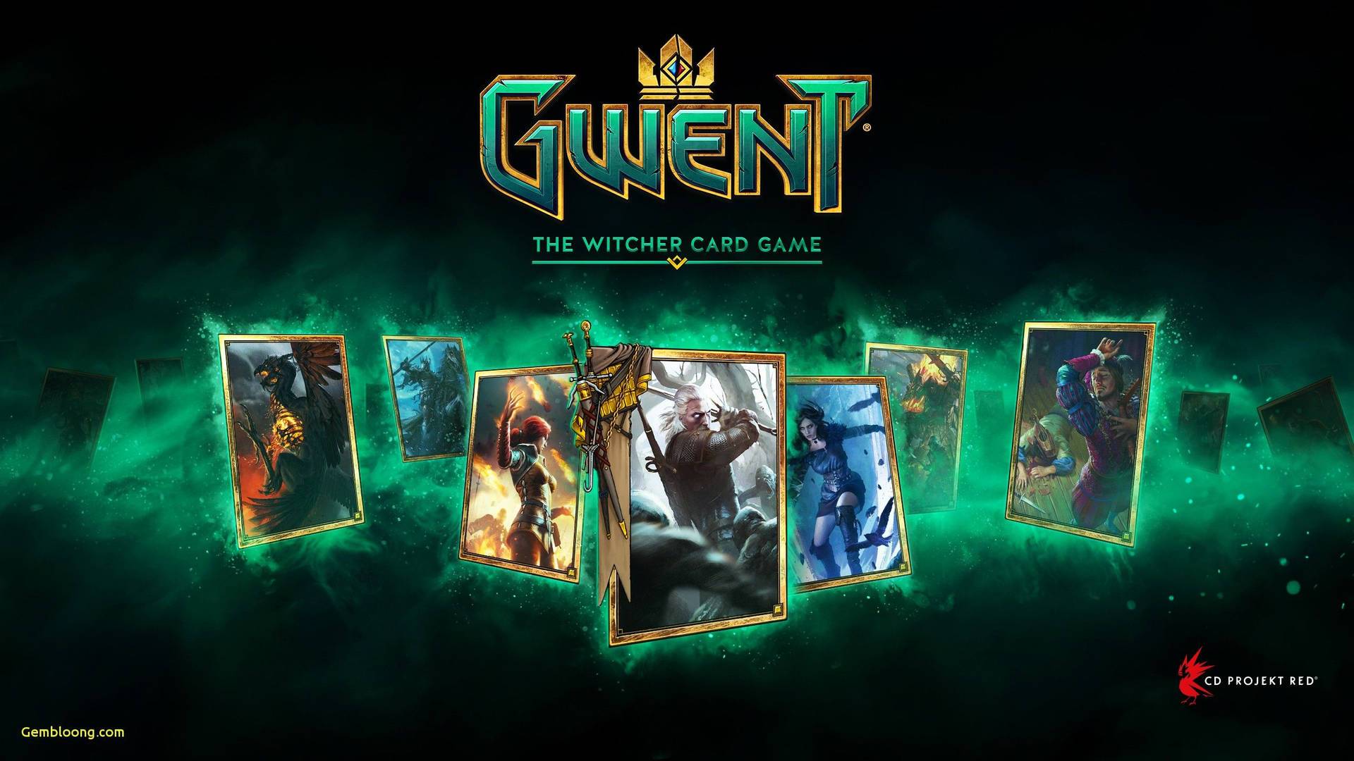 Gwent 卡牌遊戲宣傳圖片，帶有發光卡牌和奇幻角色。