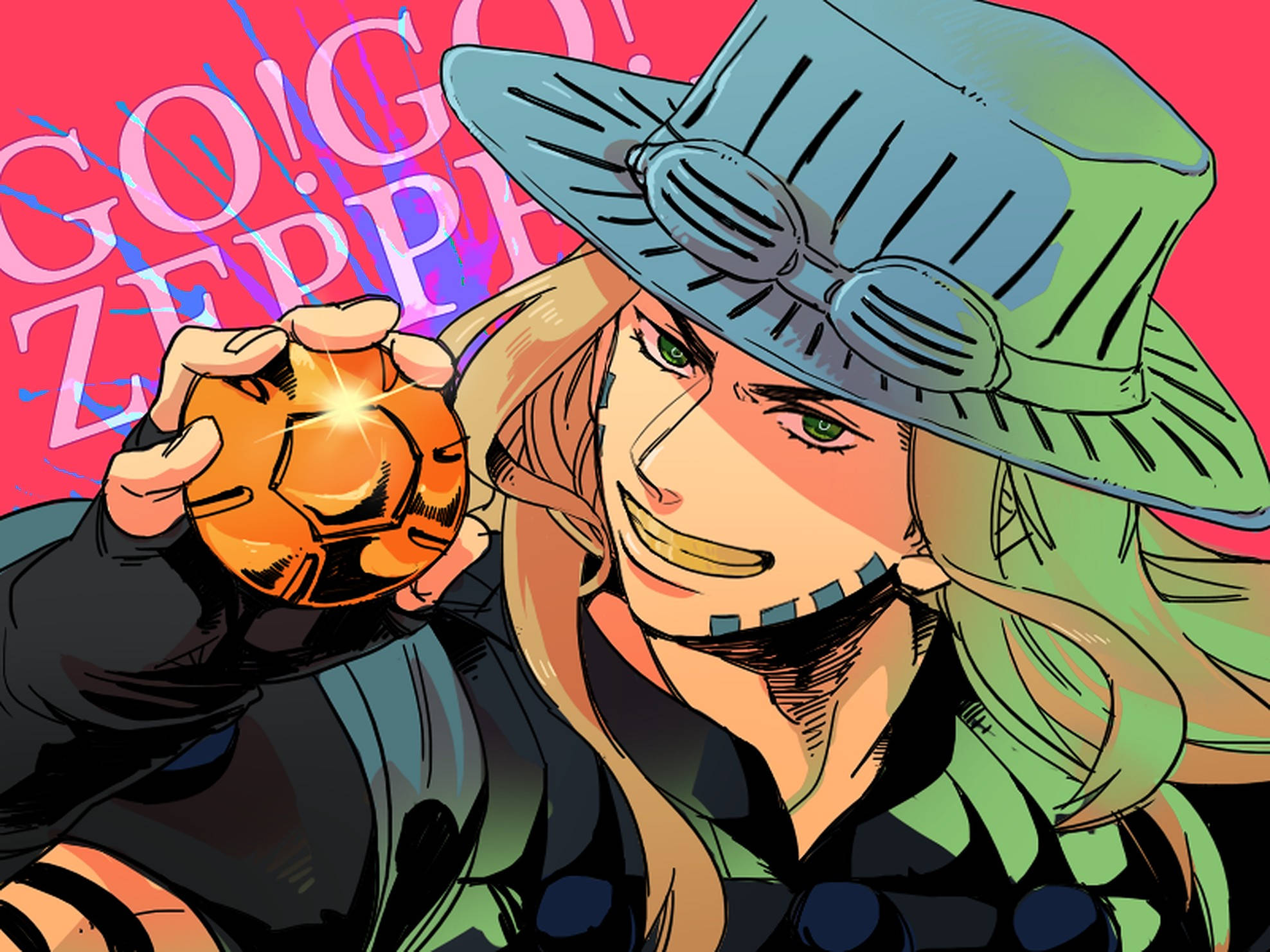 彩色 Gyro Zeppeli 數位藝術 壁紙 — 一個充滿活力的動漫角色，擁有綠色眼睛和燦爛的笑容，手持發光的橙色足球，背景是鮮豔的粉紅色，並帶有「GO! GO! ZEPP!」文字。